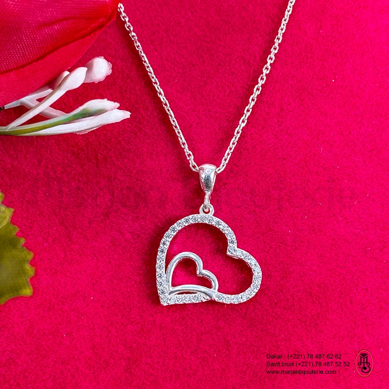 Chaine pendentif double coeur croiser en argent